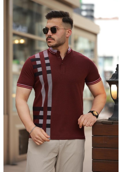 Bordo Baskı Detaylı Polo Yaka Kısa Kollu Tişört -2519 fiyatları