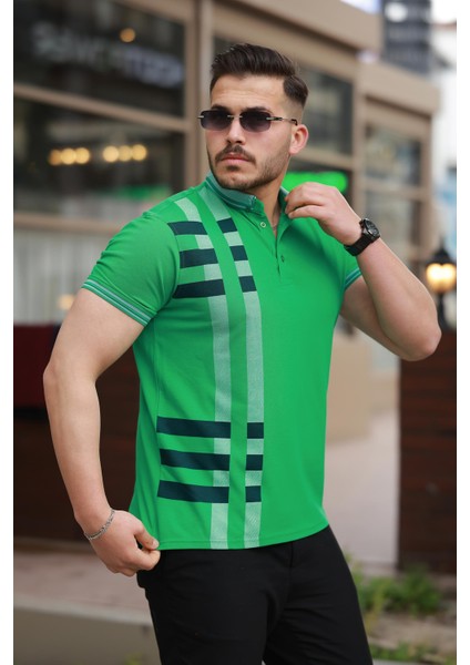 Yeşil Baskı Detaylı Polo Yaka Kısa Kollu Tişört -2519