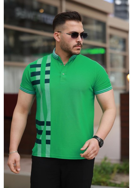 Yeşil Baskı Detaylı Polo Yaka Kısa Kollu Tişört -2519 fiyatları