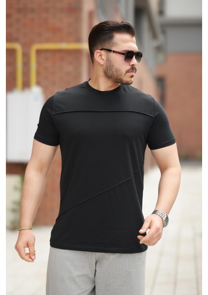 Siyah Parçalı Dikiş Detaylı Regular Fit Kısa Kollu Tişört -2523