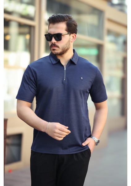 Lacivert Basic Fermuar Detaylı Polo Yaka Kısa Kollu Tişört 2501