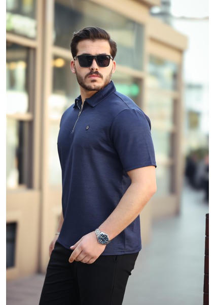 Lacivert Basic Fermuar Detaylı Polo Yaka Kısa Kollu Tişört 2501 fiyatları