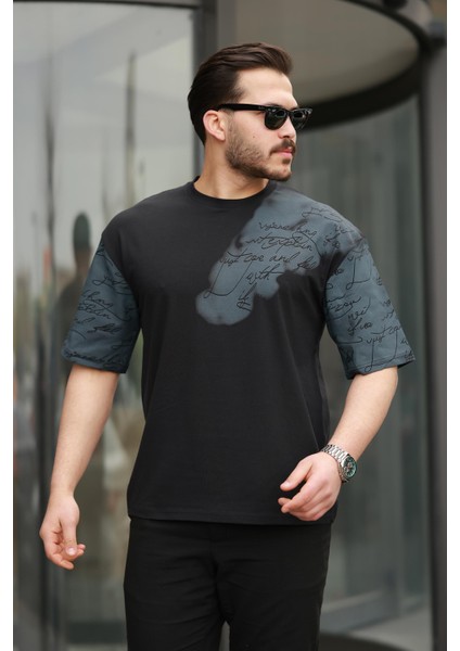 Siyah Kol Baskı Detaylı Sıfır Yaka Oversize Kısa Kollu Tişört -2506
