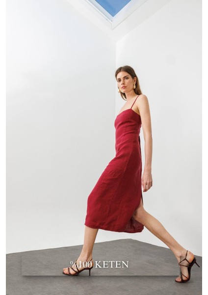 Vişne Ayarlanabilir Askılı, Yırtmaçlı Keten Elbise