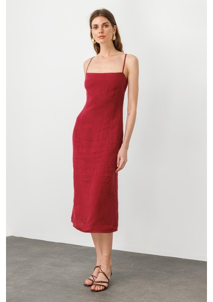 Vişne Ayarlanabilir Askılı, Yırtmaçlı Keten Elbise fiyatları