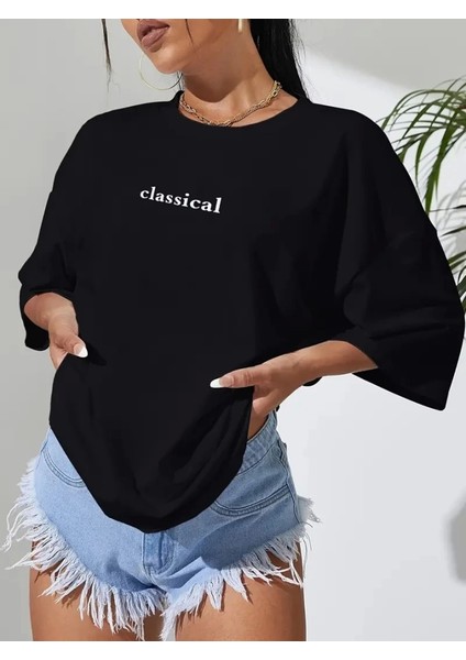 Baskılı Oversize Bisiklet Yaka T-Shirt - Siyah