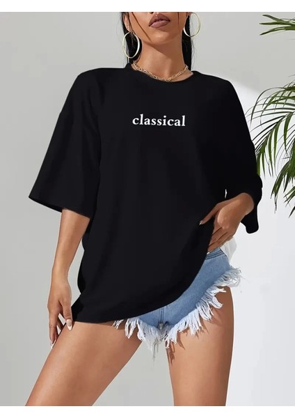 Baskılı Oversize Bisiklet Yaka T-Shirt - Siyah