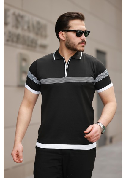 Siyah Çizgili ve Fermuar Detalı Polo Yaka Triko Kısa Kollu Tişört 2512