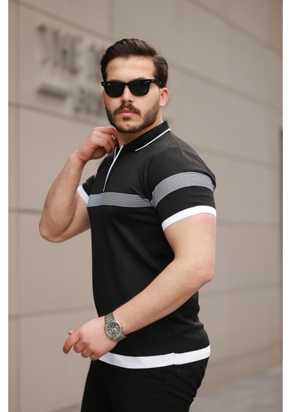 Siyah Çizgili ve Fermuar Detalı Polo Yaka Triko Kısa Kollu Tişört 2512 fiyatları