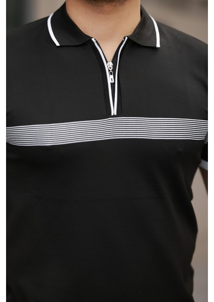 Siyah Çizgili ve Fermuar Detalı Polo Yaka Triko Kısa Kollu Tişört 2512 modelleri