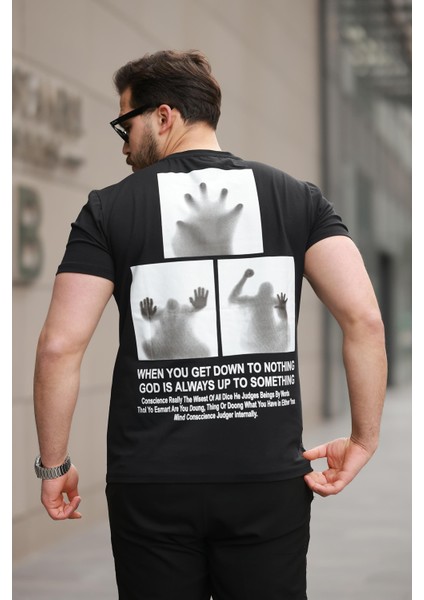 Siyah Sırtı Baskı Detaylı Sıfır Yaka Oversize Kısa Kollu Tişört -2507