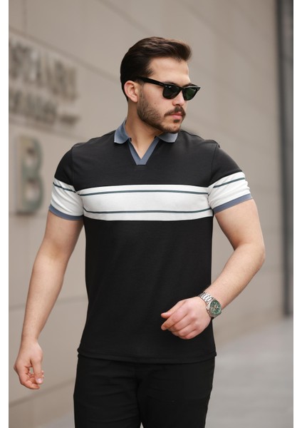 Siyah Beyaz Iki Renk Polo Yaka Kısa Kollu TIŞÖRT-2514