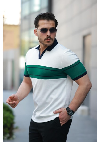 Beyaz Nefti Iki Renk Polo Yaka Kısa Kollu TIŞÖRT-2514