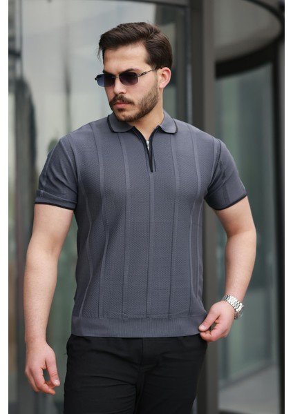 Füme Petek Dokulu Fermuarlı Polo Yaka Triko Kısa Kollu Tişört 2511