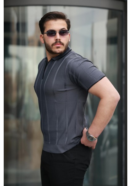 Füme Petek Dokulu Fermuarlı Polo Yaka Triko Kısa Kollu Tişört 2511 fiyatları