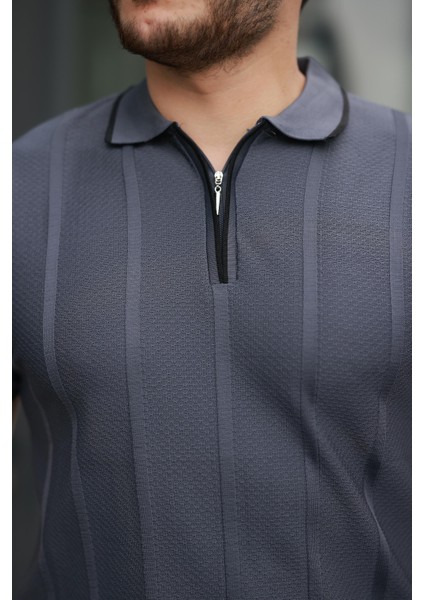 Füme Petek Dokulu Fermuarlı Polo Yaka Triko Kısa Kollu Tişört 2511 modelleri