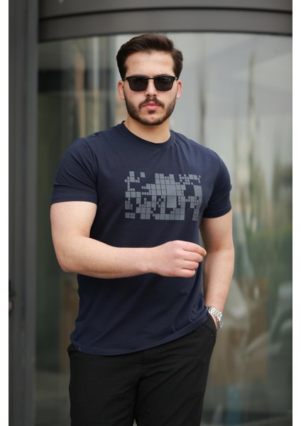 Lacivert Baskılı Sıfır Yaka Regular Fit Kısa Kollu Tişört -2509