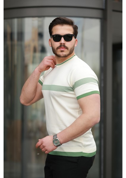 Ekru Sıfır Yaka Çizgili Triko Tişört- 2418 modelleri