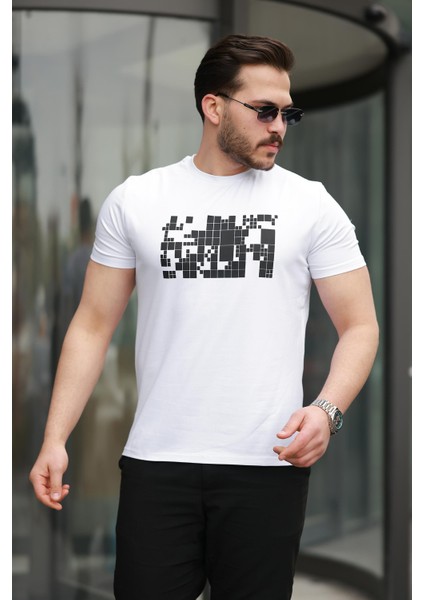Beyaz Baskılı Sıfır Yaka Regular Fit Kısa Kollu Tişört -2509