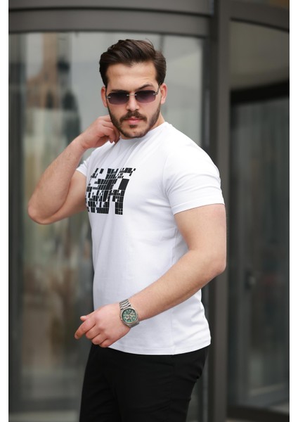 Beyaz Baskılı Sıfır Yaka Regular Fit Kısa Kollu Tişört -2509 modelleri