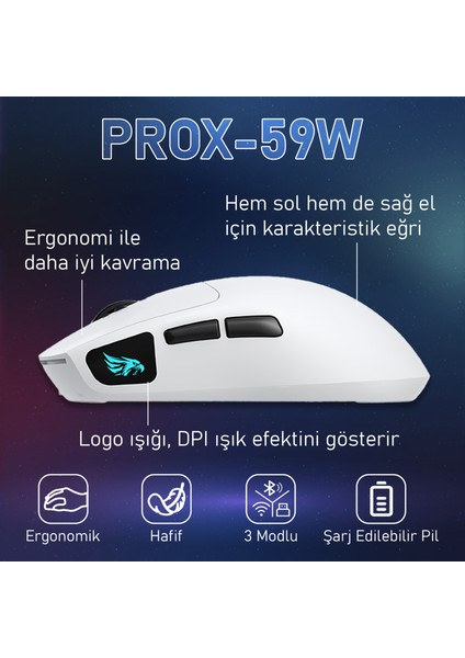 Prox Bluetooth Mouse-Kablosuz Mouse-Kablolu Şarjlı 12800 Dpı Hafif 59GR Gaming Mouse Oyuncu Mouse