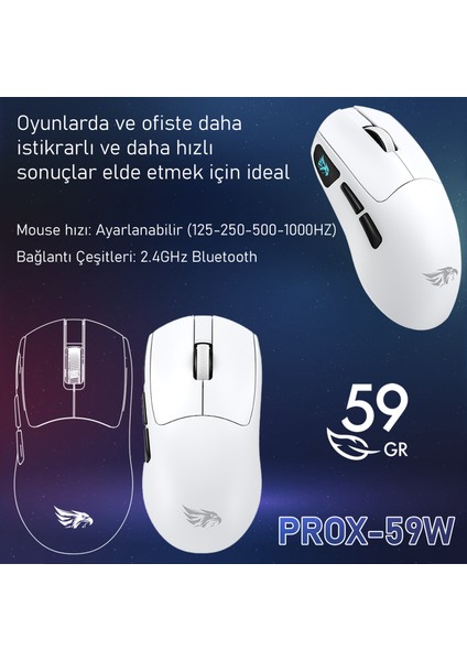 Prox Bluetooth Mouse-Kablosuz Mouse-Kablolu Şarjlı 12800 Dpı Hafif 59GR Gaming Mouse Oyuncu Mouse