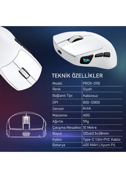 Prox Bluetooth Mouse-Kablosuz Mouse-Kablolu Şarjlı 12800 Dpı Hafif 59GR Gaming Mouse Oyuncu Mouse