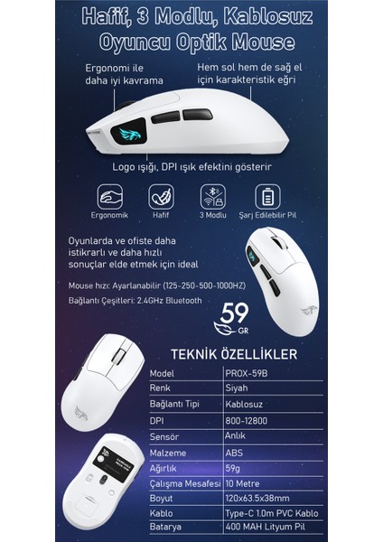 Prox Bluetooth Mouse-Kablosuz Mouse-Kablolu Şarjlı 12800 Dpı Hafif 59GR Gaming Mouse Oyuncu Mouse
