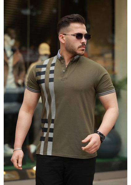 Haki Baskı Detaylı Polo Yaka Kısa Kollu Tişört -2519