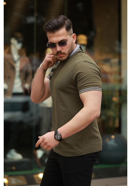 Haki Baskı Detaylı Polo Yaka Kısa Kollu Tişört -2519 fiyatları