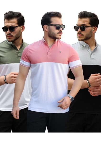 Pembe Gri Haki Ston Parçalı Üçlü Paket Polo Yaka Kısa Kollu Tişört- 2521