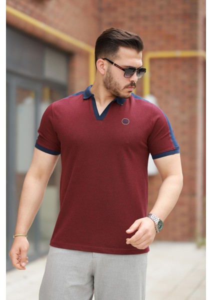 Bordo Nakışlı V Polo Yaka Kısa Kollu TIŞÖRT-2524