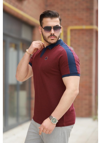 Bordo Nakışlı V Polo Yaka Kısa Kollu TIŞÖRT-2524 fiyatları