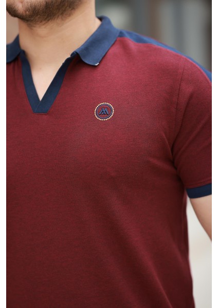 Bordo Nakışlı V Polo Yaka Kısa Kollu TIŞÖRT-2524 modelleri