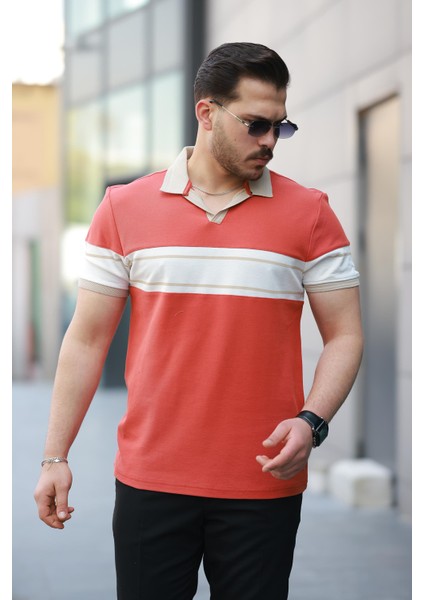 Turuncu Beyaz Iki Renk Polo Yaka Kısa Kollu TIŞÖRT-2514