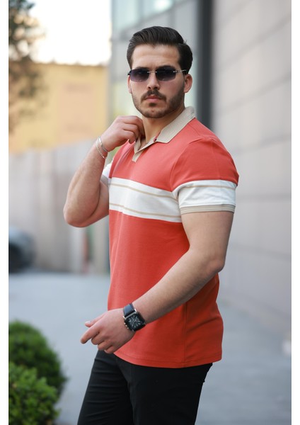 Turuncu Beyaz Iki Renk Polo Yaka Kısa Kollu TIŞÖRT-2514 fiyatları