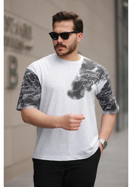 Gri Kol Baskı Detaylı Sıfır Yaka Oversize Kısa Kollu Tişört -2506