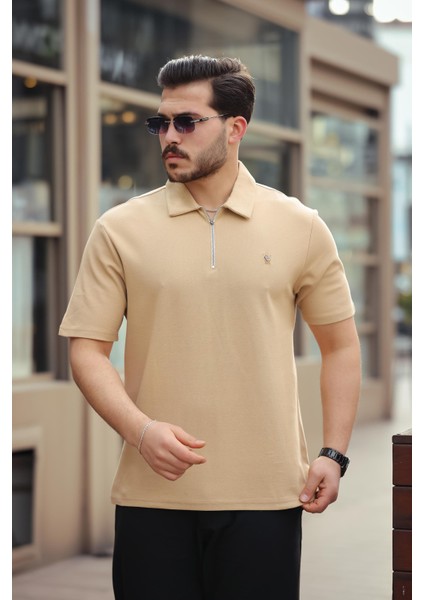 Bej Basic Fermuar Detaylı Polo Yaka Kısa Kollu Tişört 2501