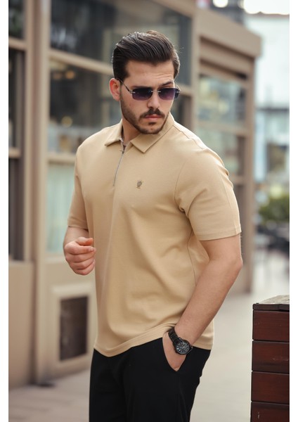 Bej Basic Fermuar Detaylı Polo Yaka Kısa Kollu Tişört 2501 fiyatları