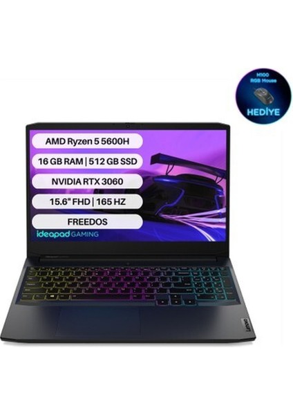 Ideapad Gaming 3 Amd Ryzen 5 5600H 16GB 512GB SSD RTX3060 Freedos 15.6\