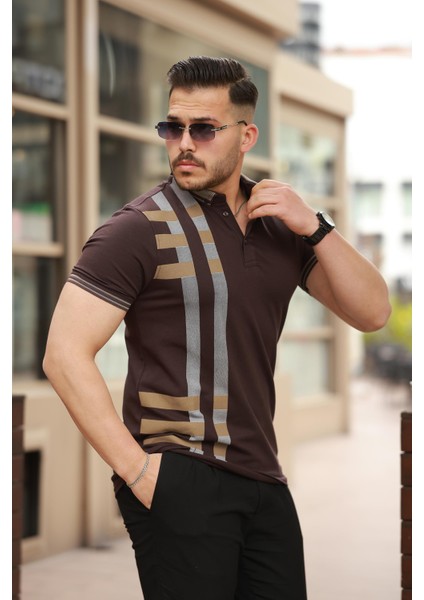 Kahverengi Baskı Detaylı Polo Yaka Kısa Kollu Tişört -2519