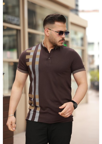 Kahverengi Baskı Detaylı Polo Yaka Kısa Kollu Tişört -2519 fiyatları