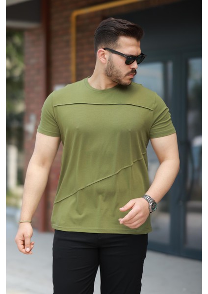 Haki Parçalı Dikiş Detaylı Regular Fit Kısa Kollu Tişört -2523