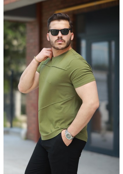 Haki Parçalı Dikiş Detaylı Regular Fit Kısa Kollu Tişört -2523 fiyatları