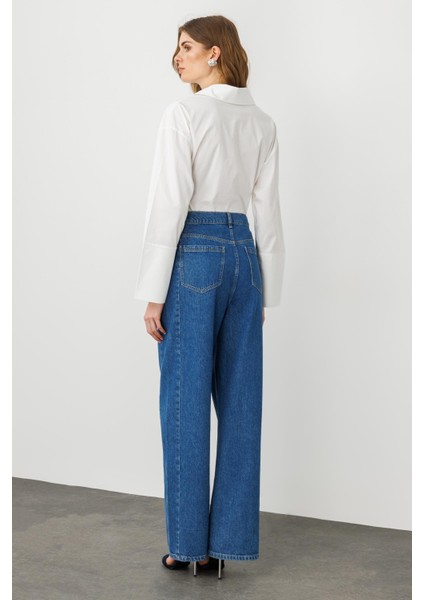 Mavi Önden Çapraz Düğme Detaylı Yüksek Bel Wide Leg Jean indirimleri
