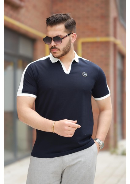 Lacivert Nakışlı V Polo Yaka Kısa Kollu TIŞÖRT-2524