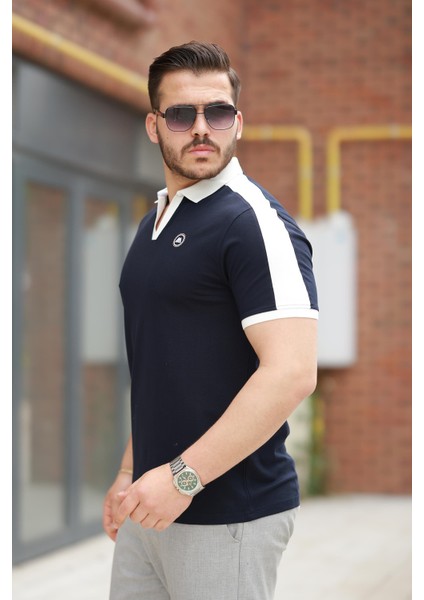 Lacivert Nakışlı V Polo Yaka Kısa Kollu TIŞÖRT-2524 fiyatları
