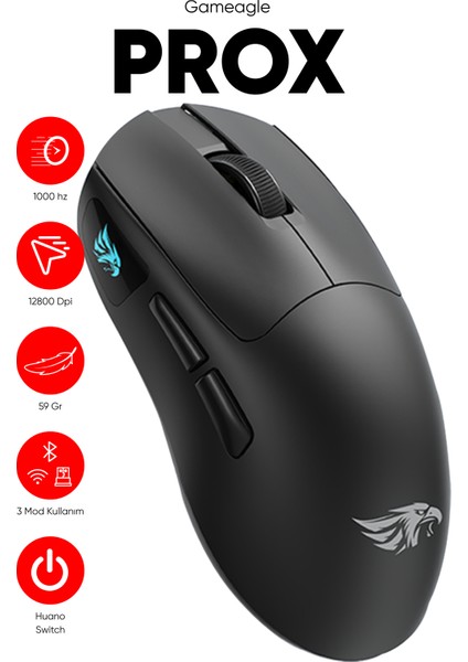 Prox Bluetooth Mouse-Kablosuz Mouse-Kablolu Şarjlı 12800 Dpı Hafif 59GR Gaming Mouse Oyuncu Mouse