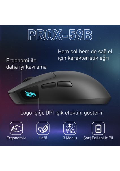 Prox Bluetooth Mouse-Kablosuz Mouse-Kablolu Şarjlı 12800 Dpı Hafif 59GR Gaming Mouse Oyuncu Mouse