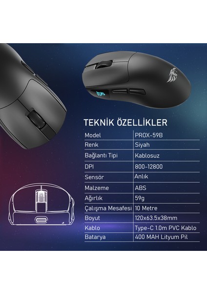 Prox Bluetooth Mouse-Kablosuz Mouse-Kablolu Şarjlı 12800 Dpı Hafif 59GR Gaming Mouse Oyuncu Mouse
